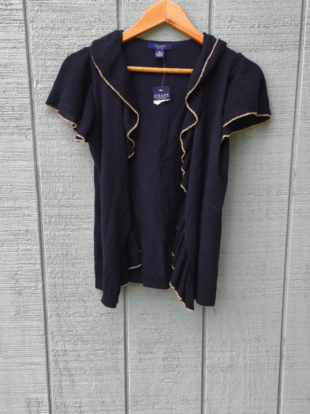 NWT RL Chaps Cotton Blend Ruffle Cardigan sz Navy Gold Nautical Preppy Old Money